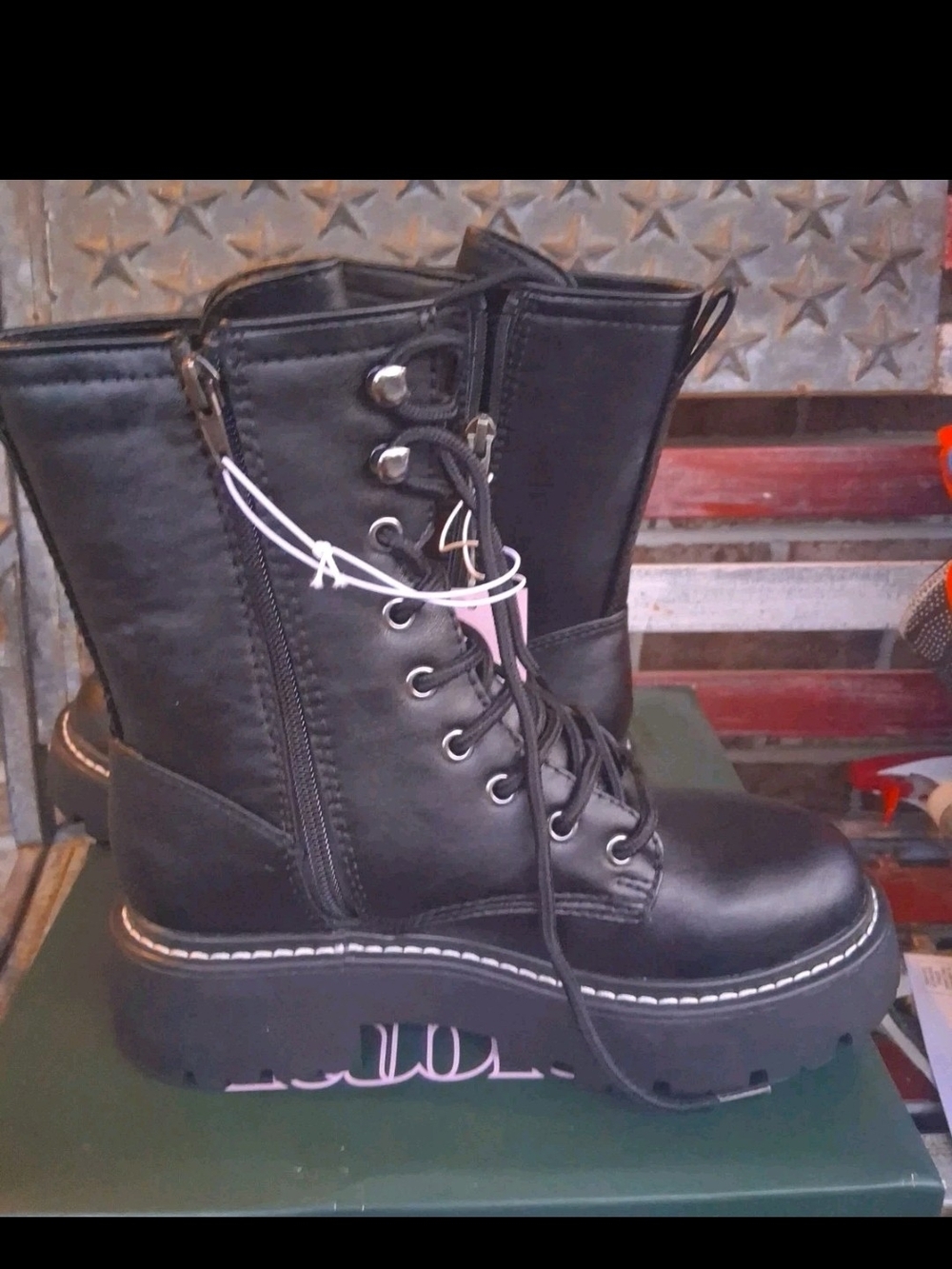 wild fable Black Platform Combat Boots with Pink Accent